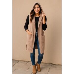 Aller Rose Long Hooded Cardigan Vest Tan Knit Pockets Sleeveless